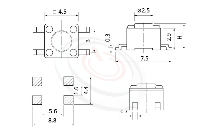 HTS-45MA Series 概略尺寸圖,標示產品: 4.5x4.5，SMD包裝，Tact Switch的外型尺寸圖，圖片用來確認零件適用程度。 HTS-45MA規格包含: 4.5x4.5，SMD包裝，圓柄，立式，H高度:3.8mm~7.1mm，常用款。觸鍵開關產品樣式包含:DIP插件,SMD貼面,編帶,捲裝,防水,直立式,側按式,直立側按式,迷你體積.迷你貼片SMD型