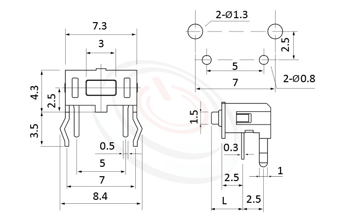 HTS-73RH Series 概略尺寸圖,標示產品: 7x4，插件，TACT SWITCH的外型尺寸圖，從圖片清楚顯示產品尺寸大小。 HTS-73RH規格包含: 7x4，插件，方頭，90度側按，L=4.3mm~5.0mm，側按型，方形側按具固定支架。輕觸開關Tact Switch小型化的輕觸開關。