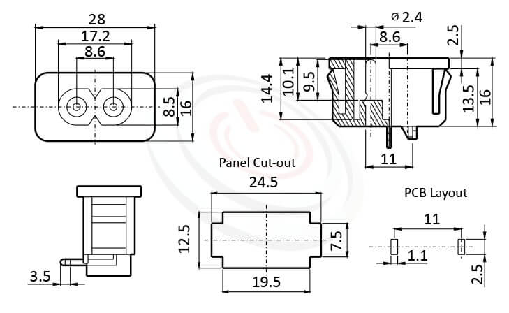 是一款交流插座AC POWER SOCKET ,C8-8字型2PIN-90度PCB插版 型號:JR-201SPCB-AC
