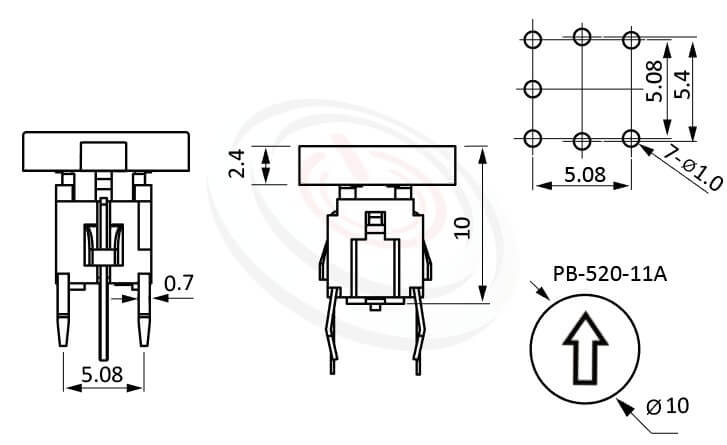 Illuminated Switch 帶燈輕觸開關 型號: PB-520-11A尺寸圖-多款帽蓋搭配Φ10鍵帽立式,DIP