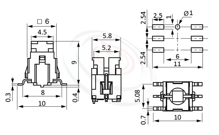 PB-415系列 尺寸圖 帶燈輕觸按鈕開關Illuminated Push Button ,5.2x4.5 按鍵面 ,尺寸 6X6 ,版上高度9mm ,無鍵帽,立式,SMD ,可搭配帽蓋