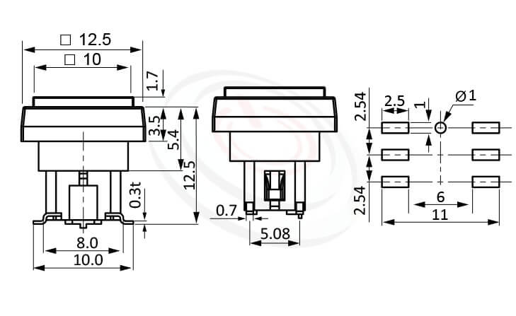 LED Pushbutton Switch帶燈按鈕開關 型號: PB-415-441B尺寸圖-多款帽蓋搭配6X6,版上高度12.5mm立式,SMD