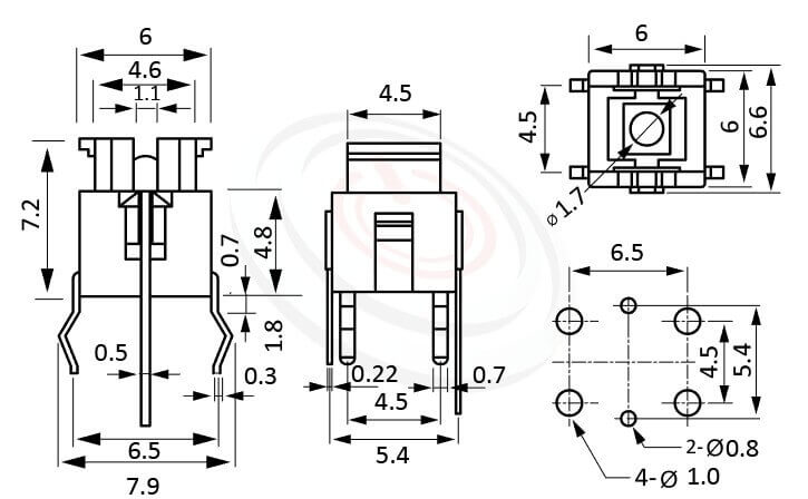 LED Tact Switch帶燈輕觸按鈕開關 型號: PB-506尺寸圖-多款帽蓋搭配6x6,版上7.2mm立式,DIP