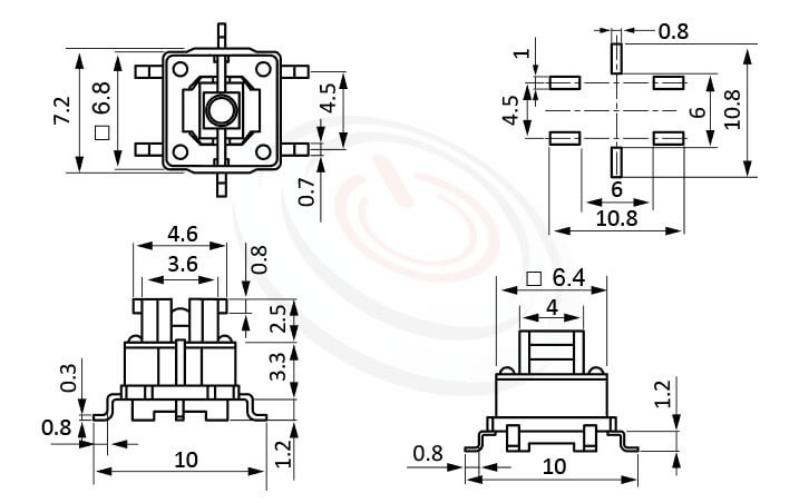 LED Tact Switch帶燈按鈕開關 型號: PB-414尺寸圖-帶燈基座6.8X6.8,版上高度7mm立式,SMD