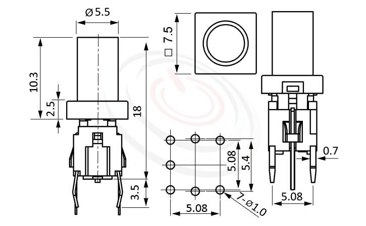 Illuminated Push Button帶燈開關 型號: PB-520-61R尺寸圖-多款帽蓋搭配6x6,版上18mm立式,DIP