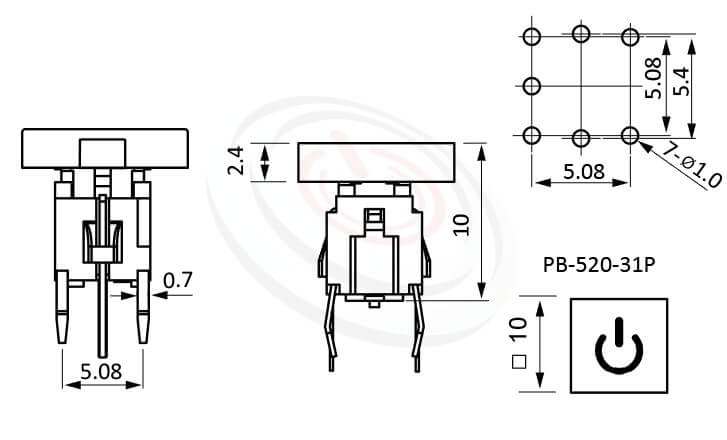 Illuminated Switch 帶燈開關 型號: PB-520-31P尺寸圖-多款帽蓋搭配10mm正方型帽蓋立式,DIP
