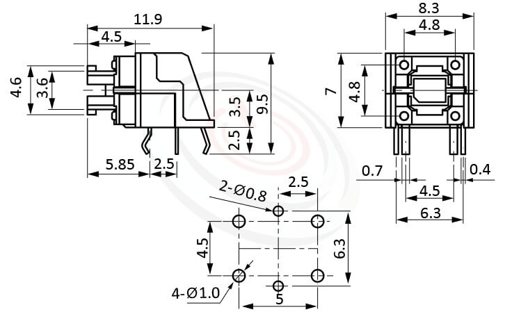 Illuminated Pushbuttons帶燈按鈕開關 型號: TRL-615TP尺寸圖-DIP側按版上7mm臥式,90度