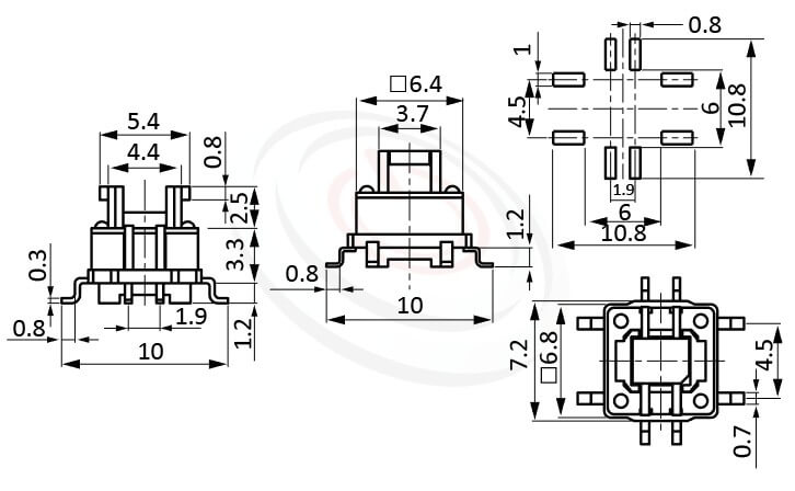 LED Tact Switch帶燈輕觸開關 型號: HFD-415TP尺寸圖-双色款6.4x6.4,版上7mm立式,SMD