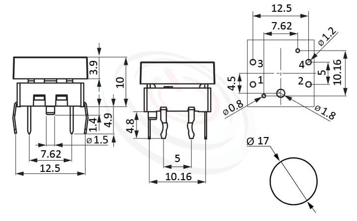 LED Tact Switch帶燈輕觸開關 型號: PB-215+CAP尺寸圖-全平面照光Φ17鍵帽,版上高度10mm立式,DIP