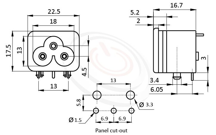 產品是電源插座AC SOCKET ,C6-米老鼠型插座90度PCB插版 型號:JR-307E-AC