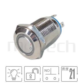 這款12mm孔徑,無段復位,1NO,圓型燈,短款,復歸回彈防水開關,型號: MP12-4MF。參數提要:孔徑Φ12mm,環型燈,常開1NO,回彈觸發平圓型,短款小型,回彈觸發。