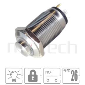 金屬帶燈開關M12,自鎖型,常開1NO,環型LED,短款,自鎖防水開關,型號: MP12S-4ZH。重點規格:孔徑Φ12mm,Ring illuminated,SPST,自鎖高平面,短柄,有鎖。