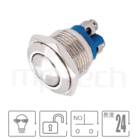 金屬開關孔徑16mm,無鎖復歸,常開1NO,不帶燈,螺絲腳,球型防水按鍵,型號: MP16-2MRL。簡述規格:開孔Φ16mm,無燈,SPST-NO,復歸自復位弧面,接線柱,球型。