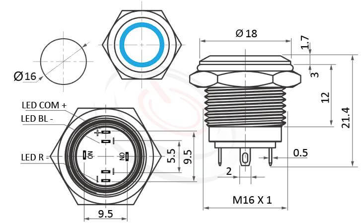 帶燈防水開關Φ16mm三色RGB LED,預設為共陽極接線、短款小型、平形、環型燈、自動復歸、SPST-NO、環狀燈防水按鈕開關的外型尺寸。鉑達型號: MP16E-6MFRGB