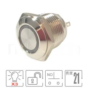 防水帶燈按鍵16mm孔徑,回彈觸發,1NO,SPST,環形燈,RGB 三色LED,共負極/共正極,短款小型金屬按鈕,型號: MP16E-6MFRGB。重點參數:Φ16mm開孔,Ring Illuminated,1NO,SPST,無鎖復歸平型,三色LED紅藍綠,預設為共陽極接線,可製作共陰極。