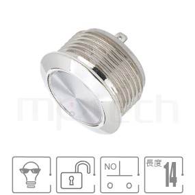 金屬按鈕開孔Φ16mm,復歸自復位,常開1NO,無燈,超短款,無段復位防水開關,型號: MP16T-2MF。重點參數:Φ16 開孔,無燈,常開接點,自動復歸平面,薄型,無鎖復位。