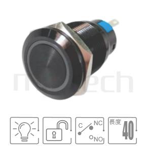 金屬帶燈開關孔徑Φ19mm,復歸自復位,SPDT,環型燈,黑色陽極處理按鈕,回彈觸發防水按鍵,型號: MP19-5MFX。簡略規格:孔徑19mm,Ring Illuminated,SPDT,回彈觸發平面,鋁合金電鍍黑殼,復位無段。