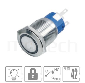 防水帶燈按鈕開孔Φ19mm,自保持,SPDT,Ring Illuminated,兩段式,圓型光圈防水按鈕,型號: MP19-5ZF。參數提要:19mm孔徑,環型燈,SPDT,lock平型,交替式,Ring。