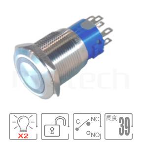 防水帶燈開關Φ19 開孔,回彈觸發,SPDT,環狀燈,雙色LED,復位無段防水按鈕,型號: MP19-6MF。規格參數:Φ19mm開孔,Ring Illuminated,SPDT,瞬切回彈平柄,雙色LED,回彈觸發。