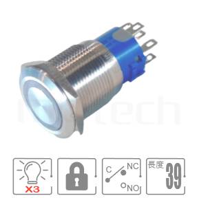 防水帶燈開關孔徑19mm,自鎖,SPDT,圓型光圈,三色RGB LED,預設為共陽極接線,兩段式防水按鈕,型號: MP19-7ZF。簡述規格:M19,環型燈,1NO1NC1COM,有段平柄,三色紅藍綠LED,預設是共陽極,帶鎖。