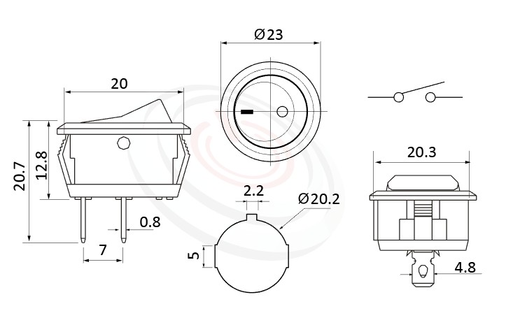RS-601C2-10111NBB 尺寸圖, 面板尺寸23mm,圓形船型開關Rocker Switch ,6A 250VAC, 10A 125VAC,ON-OFF ,SPST,1P1T