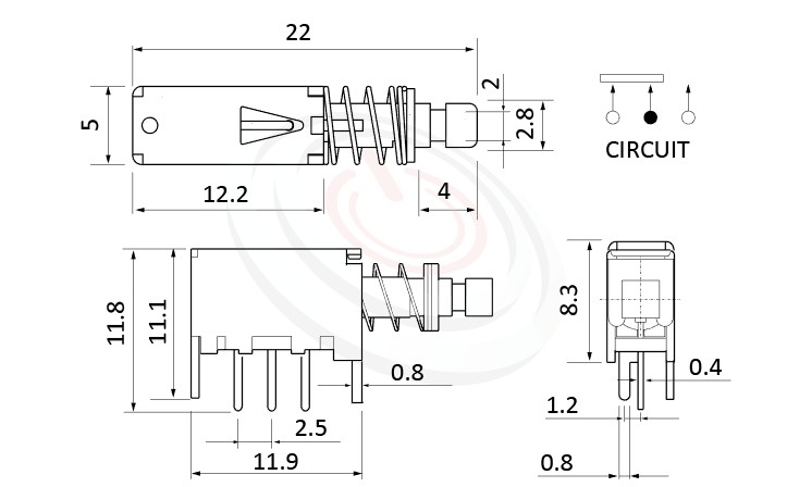 PS-12E05系列 尺寸圖, 尺寸: 總長度22, 版上高度8.3mm,按鍵開關Push Switch ,SPDT,1P2T迴路,總長度22, 版上高度8.3mm ,90度側按側押,DIP插版 ,電源開關,水平臥式,自鎖/無鎖,有段/無段