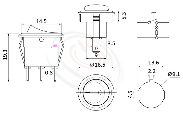 RS-601H2-10111LRB 尺寸圖, 面板尺寸16.5mm,圓形翹板開關帶燈Rocker Switch ,3A 250VAC, 6A 125VAC,ON-OFF ,SPST,1P1T