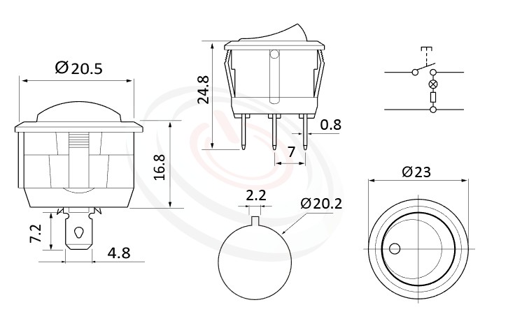RS-601C-10116LBB 尺寸圖, 面板尺寸23mm,圓形翹板開關,洛克開關Rocker Switch ,6A 250VAC, 10A 125VAC,ON-OFF ,SPST,1P1T