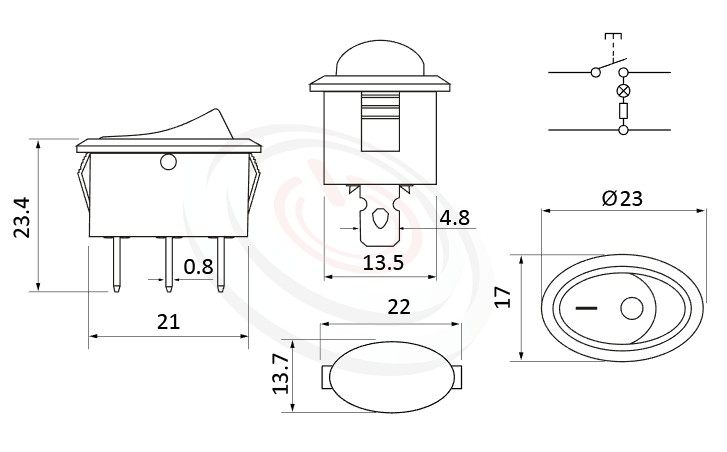 RS-601E-10111LRB 尺寸圖, 面板尺寸23x17mm,橢圓型翹板,洛克開關Rocker Switch ,6A 250VAC, 10A 125VAC,ON-OFF ,SPST,1P1T