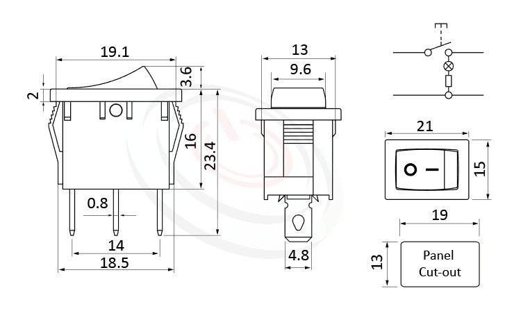 RS-601B-10111LRB 尺寸圖, 面板尺寸21x15mm,翹板開關Rocker Switch ,6A 250VAC, 10A 125VAC,ON-OFF ,SPST,1P1T