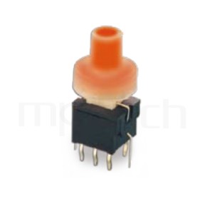 是一款自鎖帶燈按鈕開關lock LED Pushbutton Switch ,立式,DIP ,圓柱形鍵帽 , 8.5x8.5,版上高度18.5mm ,Φ 5 按鍵面- 型號: PB-310-6T