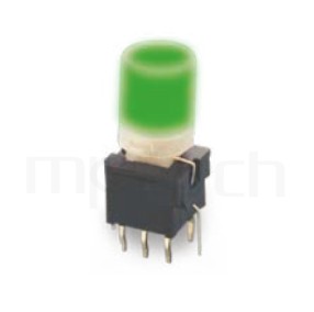 是一款帶燈開關 Illuminated Pushbuttons ,立式,DIP ,圓柱形鍵帽 , 8.5x8.5,版上高度18.5mm ,Φ7.4 按鍵面- 型號: PB-310-AT