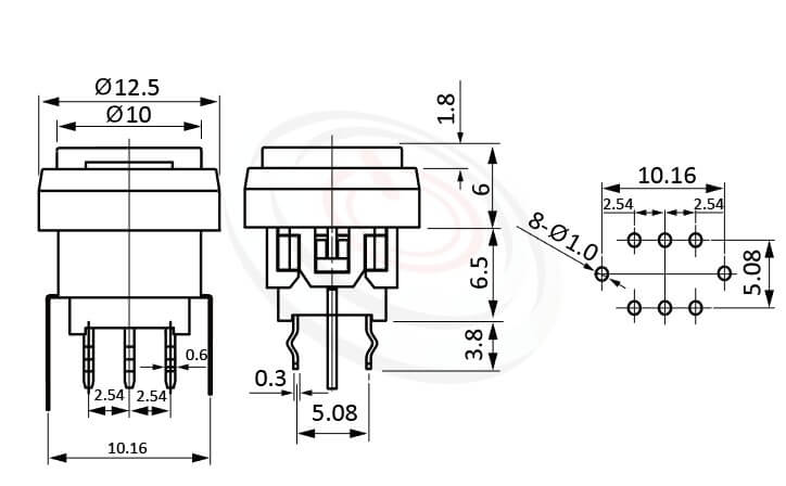 LED Tact SwitchLED自鎖按鈕開關Lock LED Push button , 型號: PB-310-1T5W尺寸圖-圓形鍵帽 8.5x8.5,版上高度12.5mm立式,DIP