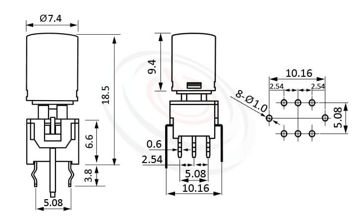 Illuminated Push ButtonLED自鎖按鈕開關Lock LED Push button , 型號: PB-310-AT尺寸圖-圓柱形鍵帽 8.5x8.5,版上高度18.5mm立式,DIP