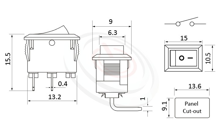 RS-601HL-10131NBB 尺寸圖, 面板尺寸15x10mm,90度彎腳,洛克開關Rocker Switch ,3A 250VAC, 6A 125VAC,ON-OFF ,SPST,1P1T