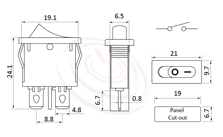 RS-601D1-10111NBB 尺寸圖, 面板尺寸21x10mm,洛克開關Rocker Switch ,6A 250VAC, 10A 125VAC,ON-OFF ,SPST,1P1T