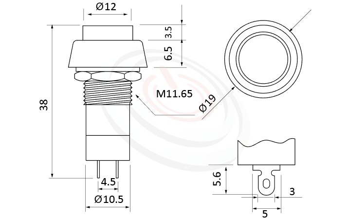 PS-004系列 尺寸圖, 尺寸: 總長度38mm,按鈕開關Push Button Switch ,OFF-(ON),SPST,1P1T迴路,總長度38mm ,圓形, 螺母固定 ,復歸/無鎖/回彈/無段
