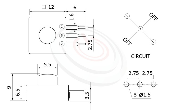 PS-204系列 尺寸圖, 尺寸: 12x12 版上高度9mm,塑膠按鈕開關Push button ,ON-OFF-ON-OFF迴路,12x12 版上高度9mm ,圓形按柄,方形本體,DIP插版 ,手電筒電源開關,多段多檔