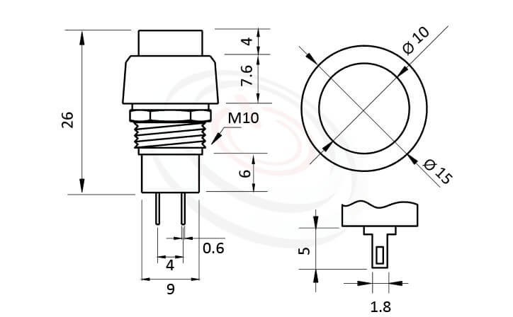 PS-302系列 尺寸圖 自鎖按鈕開關Lock Push Button Switch ,OFF-ON,SPST,1P1T迴路,總長度31mm ,圓形, 螺母固定 ,自鎖/有段
