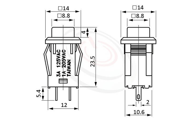 PS-301系列 尺寸圖 自鎖按鍵開關Lock Push Switch ,OFF-ON,SPST,1P1T迴路,總長度29mm ,方形,卡式,焊線 ,自鎖/有段