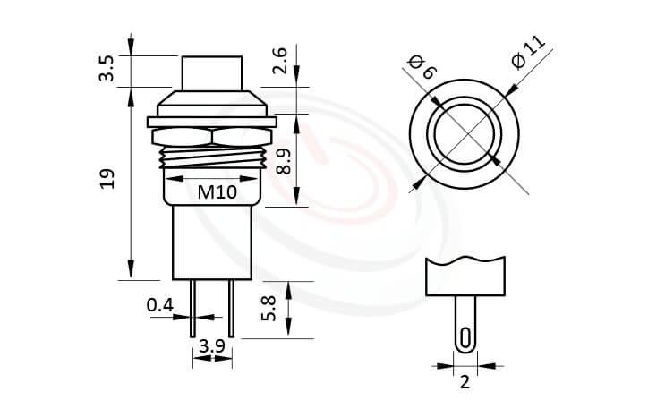 PS-305系列 尺寸圖 自鎖按鈕開關Lock Push Switch ,OFF-ON,SPST,1P1T迴路,總長度28mm ,圓形, 螺母固定 ,自鎖/有段