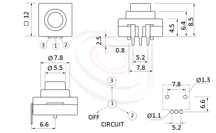 PS-213系列 尺寸圖, 尺寸: 12x12 版上高度9mm,復歸按鈕開關Momentary Push button Switch,ON-ON-OFF 循環迴路,12x12 版上高度9mm ,圓形按柄,方形本體,DIP插版 ,手電筒電源開關,多段多檔