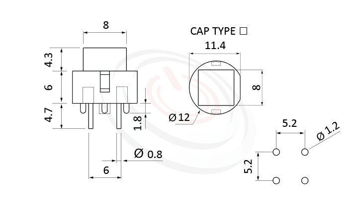 PS-201系列 尺寸圖, 尺寸: 版上高度10mm,按鈕開關Push Switch ,OFF-(ON),SPST,1P1T迴路,版上高度10mm ,方形,DIP PCB插版 ,小型按鈕,復歸/無鎖/回彈/無段