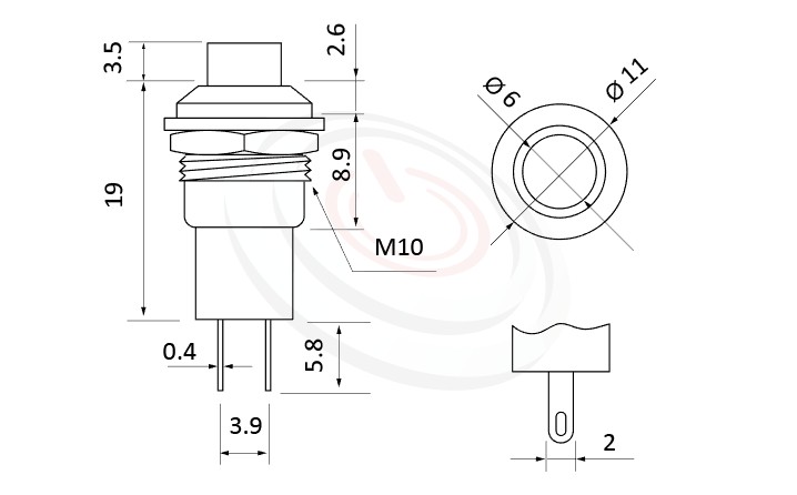 PS-005系列 尺寸圖, 尺寸: 總長度23mm,塑膠按鈕開關Push button ,OFF-(ON),SPST,1P1T迴路,總長度23mm ,圓形, 螺母固定 ,復歸/無鎖/回彈/無段