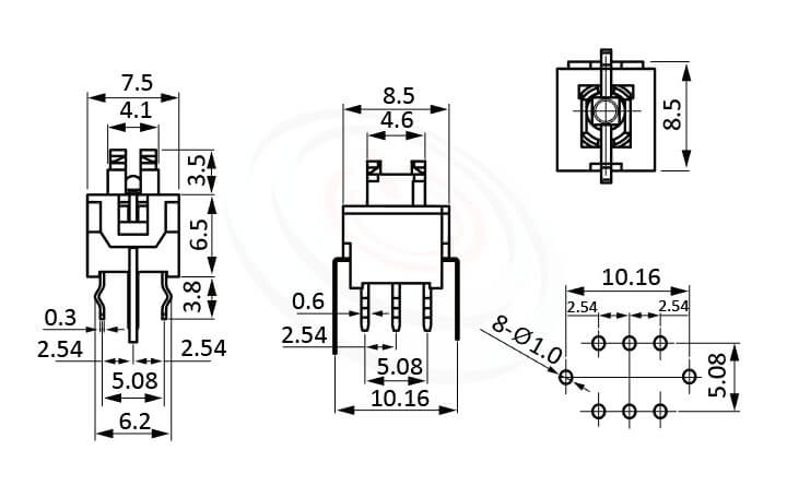 Illuminated Push ButtonLED自鎖按鈕開關Lock LED Push button , 型號: PB-310尺寸圖-帶燈基座 8.5x8.5,版上高度10mm立式,DIP