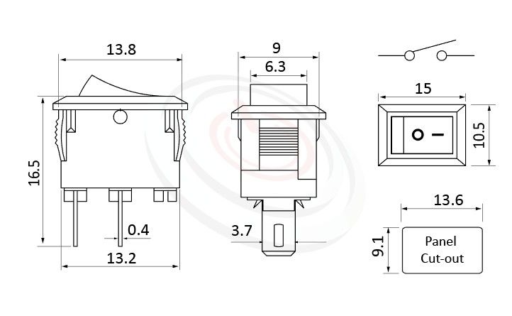 RS-601HL-10111NBB 尺寸圖, 面板尺寸15x10mm,洛克開關Rocker Switch ,3A 250VAC, 6A 125VAC,ON-OFF ,SPST,1P1T