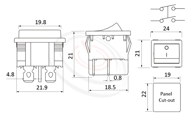 RS-601F-20111NBB 尺寸圖, 面板尺寸24x21mm,翹板開關Rocker Switch ,6A 250VAC, 10A 125VAC,ON-OFF ,DPST,2P1T