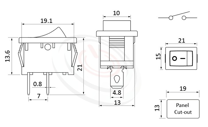 RS-601A-10111NBB 尺寸圖, 面板尺寸21x15mm,洛克開關Rocker Switch ,6A 250VAC, 10A 125VAC,ON-OFF ,SPST,1P1T