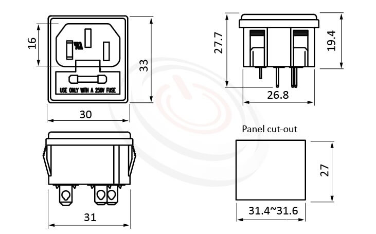 是一款AC電源插座AC INLET ,C14-插座+保險絲-二合一插座卡式 型號:JR-101-1FS-AC