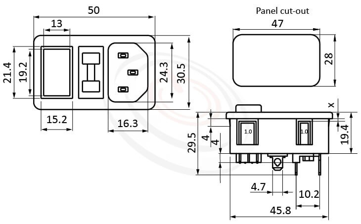 產品為交流插座AC INLET,C14-插座+保險絲+開關-三合一插座卡式 型號:JR-101-1FRS-04-AC